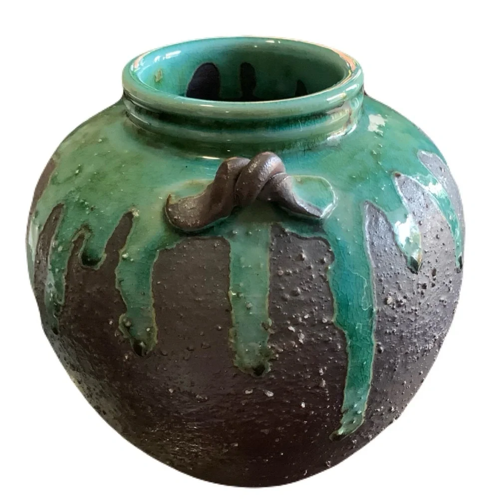 Vintage 1950s-70s Japanese Studio Pottery Drip Green Brown Lava Glaze MCM Vase